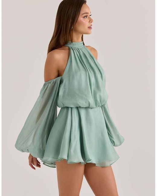House Of Cb Green Chantelle Jade Silk Organza Open Back Mini Dress
