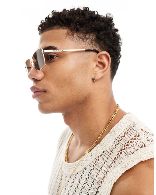 ASOS Brown Rectangle Sunglasses With Temple Detail for men