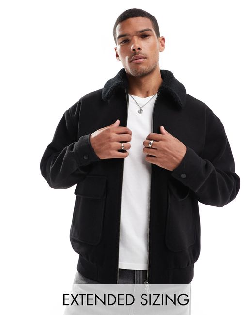 ASOS Black Wool Look Harrington Jacket With Borg Collar for men