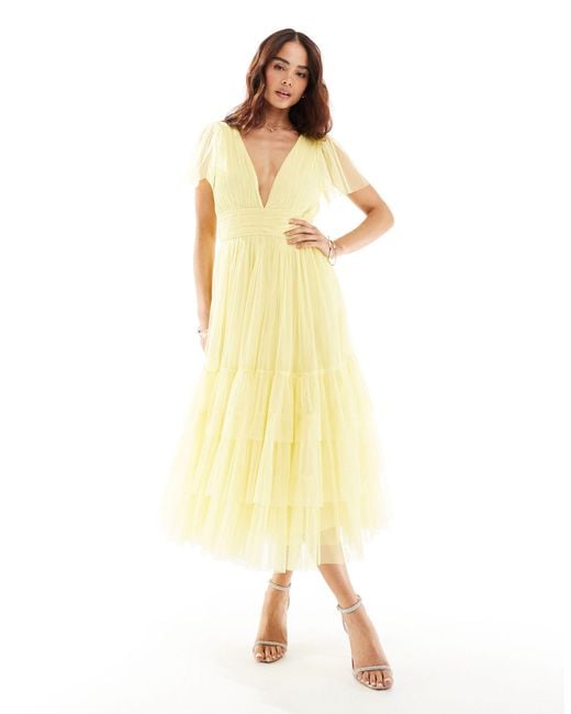 LACE & BEADS Yellow Bridesmaid Madison V Neck Tulle Midi Dress