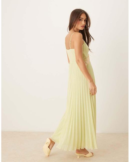 ASOS Yellow V Neck Lace Trim Pleated Cami Midi Dress