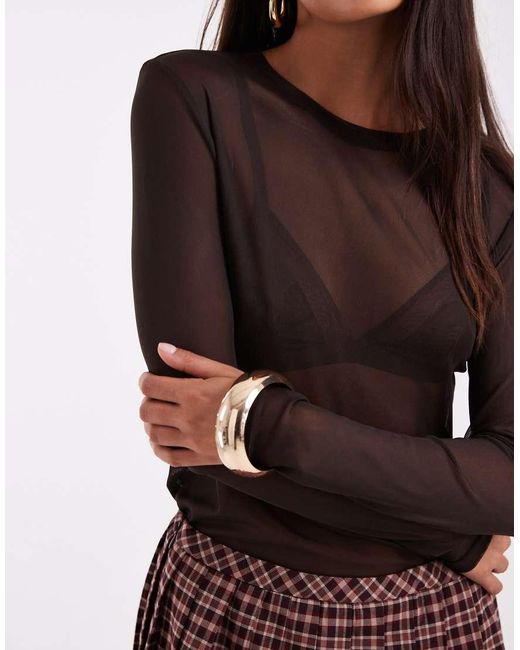 Vero Moda Brown Sheer Long Sleeve Mesh Top