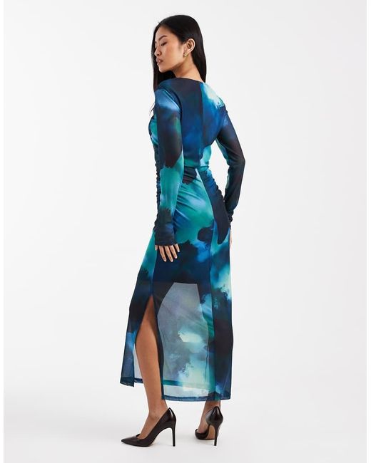 Object Blue Watercolour Print Maxi Dress With Ruched Waist