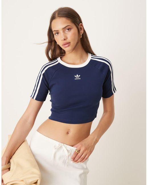 Adidas Originals Blue Adicolor 3 Stripe Cropped T-shirt