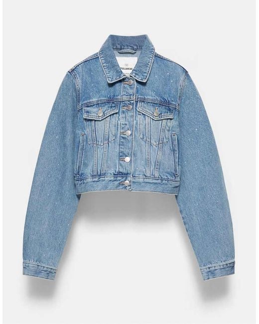 Pull&Bear Blue Shimmery Cropped Denim Jacket