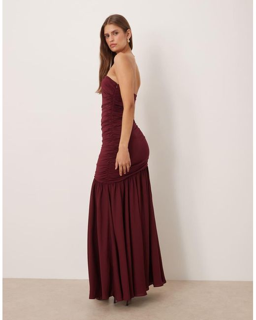 SNDY'S Red Mesh Asymmetric Drop Waist Ruched Detail Maxi Dress