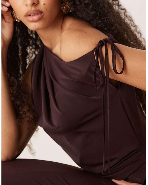 ASOS Natural Fallen Shoulder Tie Detail Slinky Midi Dress