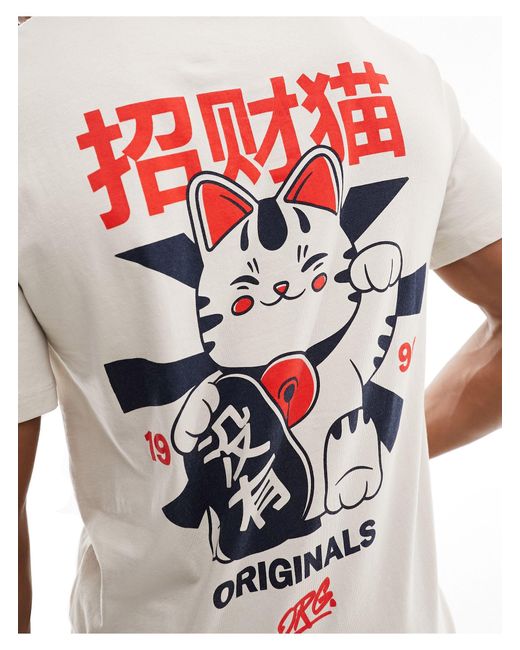 Jack & Jones White Relaxed Fit T-shirt With Lucky Cat Back Print for men