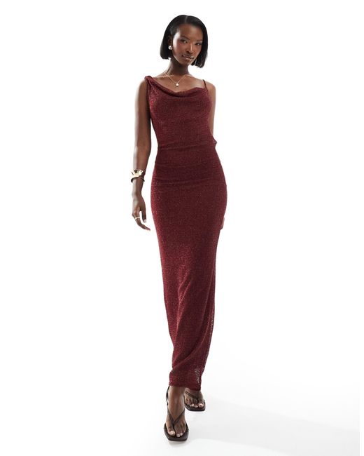 Robe longue a col benitier en maille metallisee lie de vin ASOS en coloris Rouge Lyst
