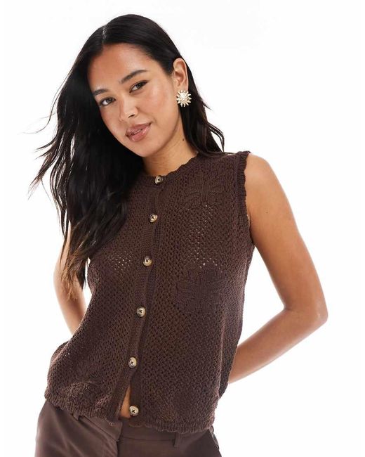 ASOS Brown Knitted Button Down Top With Flower Open Stitch