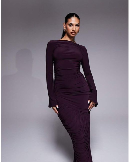 ASOS Purple Sculpting Gauged Panelled Maxi Dress With Long Sleeves