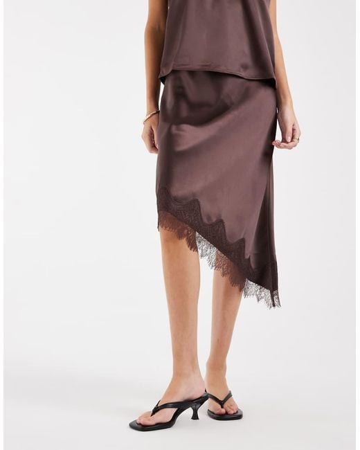 ONLY Brown Asymmetric Satin Lace Midi Skirt