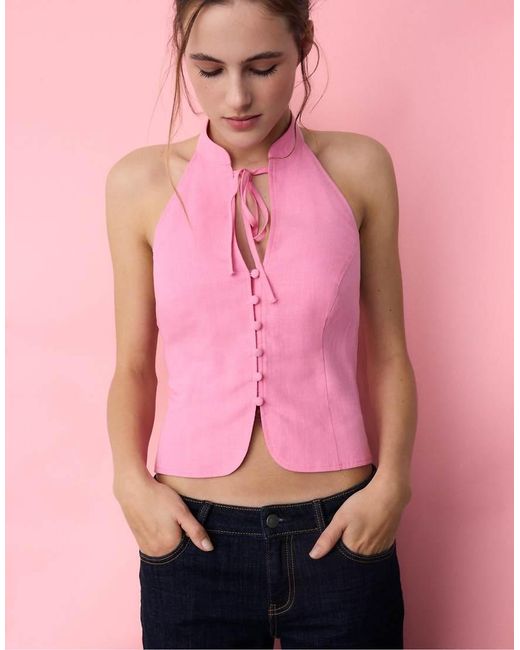 Stradivarius Pink Qipao Halter Button Top