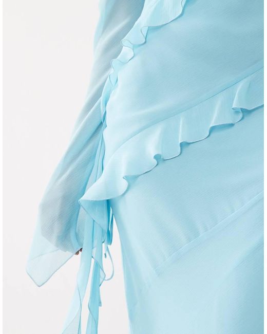 DASKA Blue Chiffon High Cowl Neck Frill Detail Maxi Dress