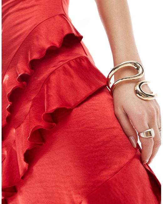 Vesper Red Thigh Split Frill Detail Satin Cami Maxi Dress