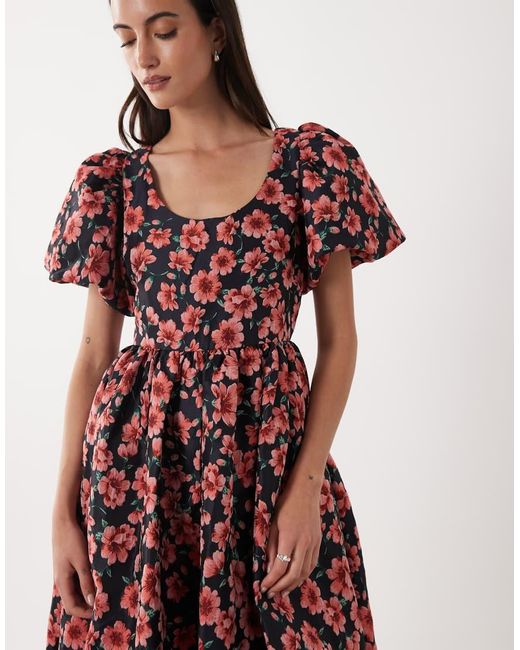 Sister Jane Blue Floral Jacquard Puff Sleeve Midi Dress