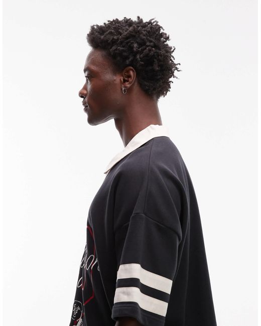 True Religion Black Oversized Contrast Collar Detail Motif Athletic Top for men