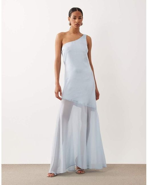 TFNC London White Satin One Shoulder Cowl Back Chiffon Skirt Maxi Dress