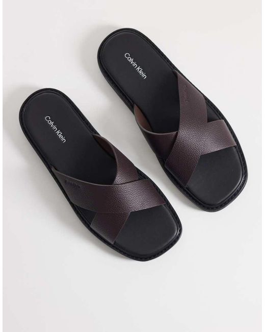 Calvin Klein Black Real Leather Cross Sandals for men