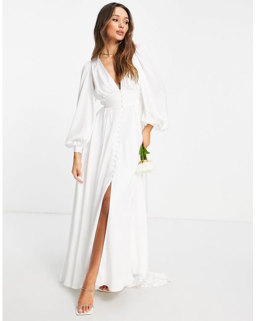 ASOS Alyssa Satin Wedding Dress With Blouson Sleeve And Button Front in