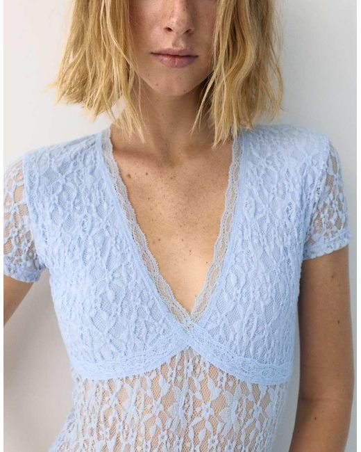 Pull&Bear Blue Short Sleeve Lace Bodysuit