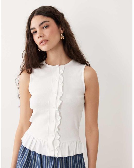 Miss Selfridge White Button Through Tank With Frill Hem