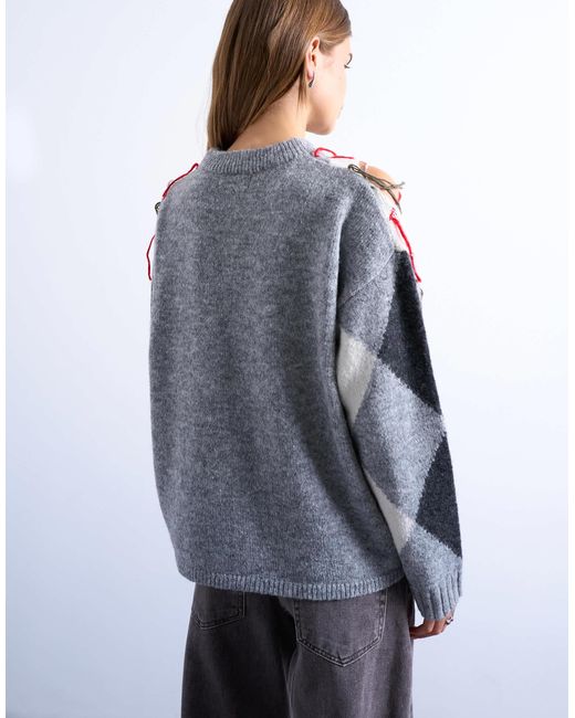 TOPSHOP White Knitted Argyle Distressed Jumper