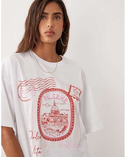 The Frolic White Exclusive 'palermo' Postcard Graphic Front Oversized T-shirt