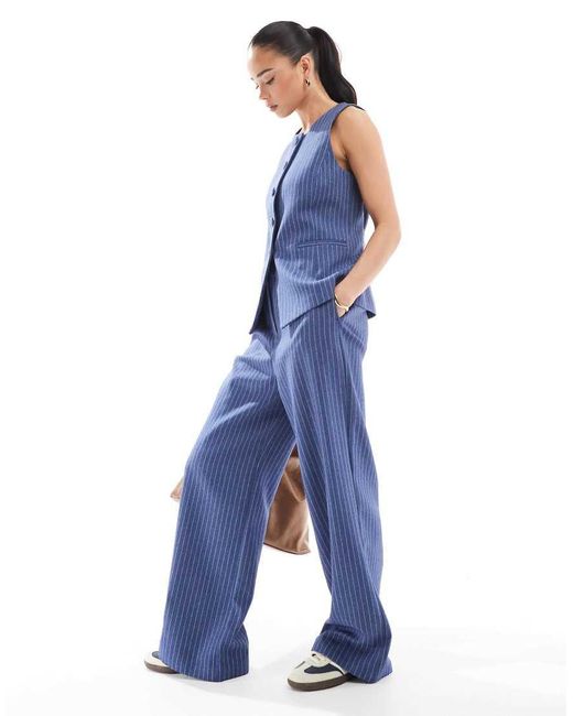 New Look Gestreepte Broek Met Wijde Pijpen En Denimlook in het Blue