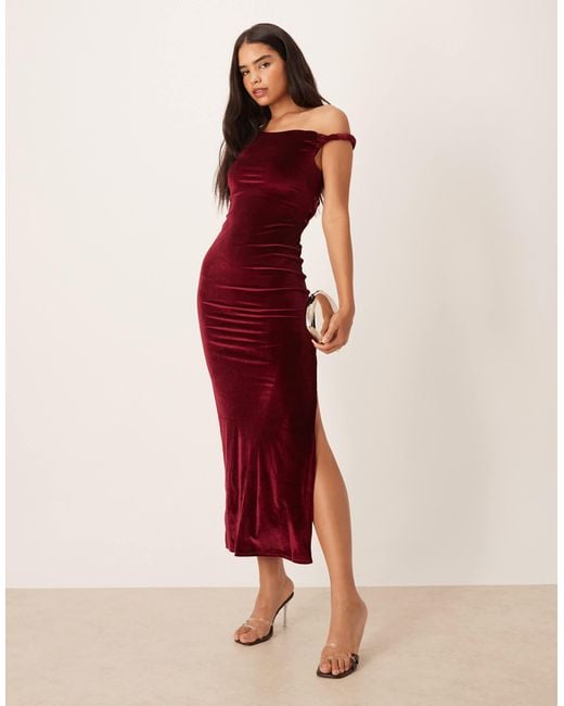 ASOS Velvet Twist Shoulder With Lace Up Back Midi Dress in Red | Lyst