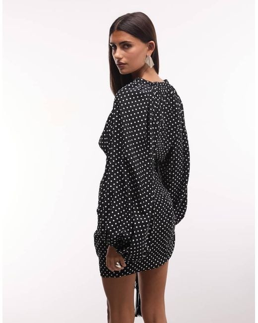 The Dolls House Black Beaudelle Premium Plunge Neck Balloon Sleeve Drape Tassel Detail Mini Dress