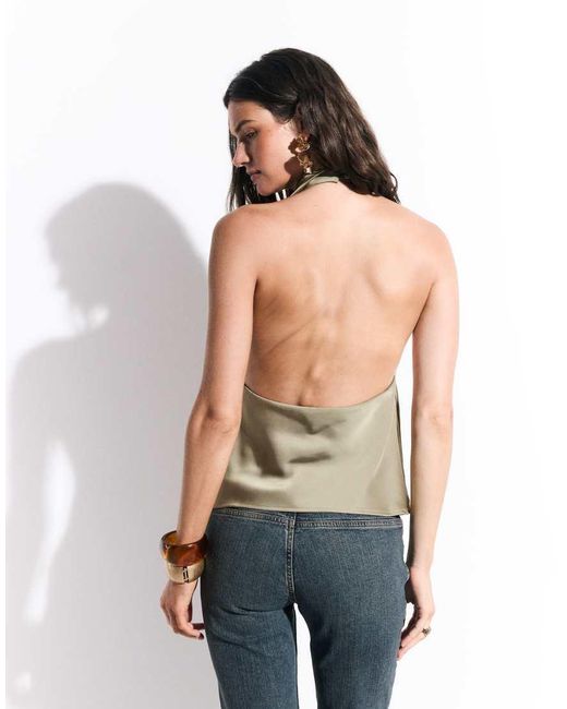 Kaiia Green Exclusive Satin High Neck Cowl Low Back Top