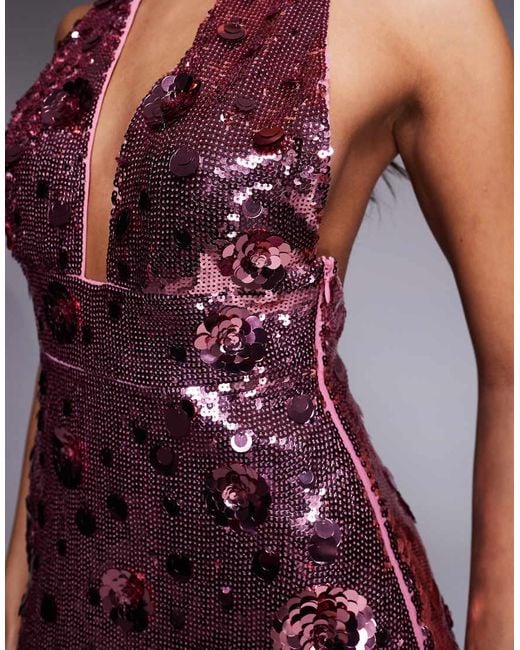 Oh Polly Purple Flower Sequin Halter Mini Dress