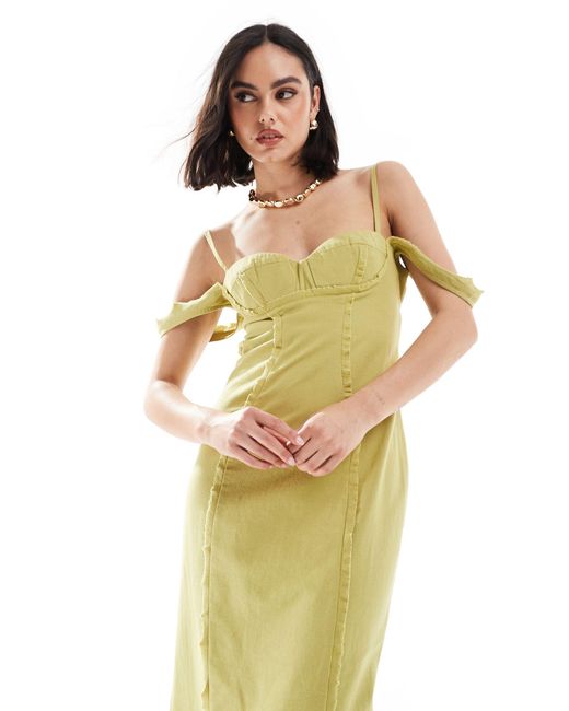 Robe mi-longue en lin effiloché style corset avec boucle - vert olive ASOS en coloris Metallic