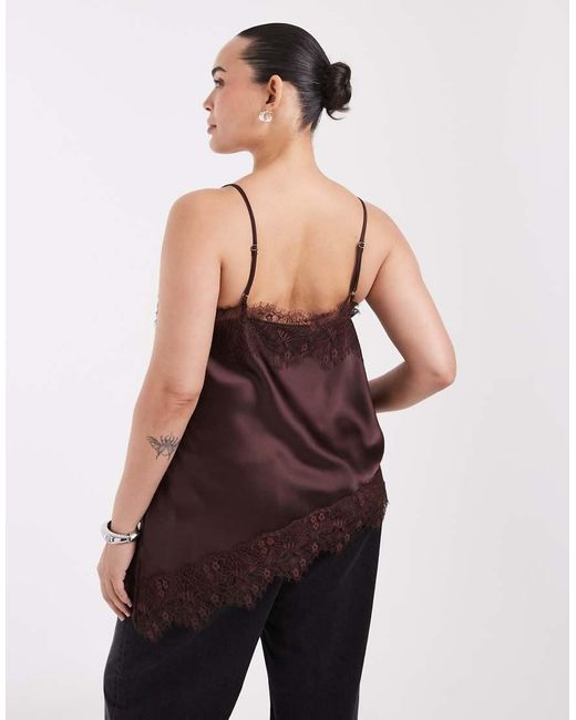 ONLY Brown Asymm Lace Hem Satin Cami Top