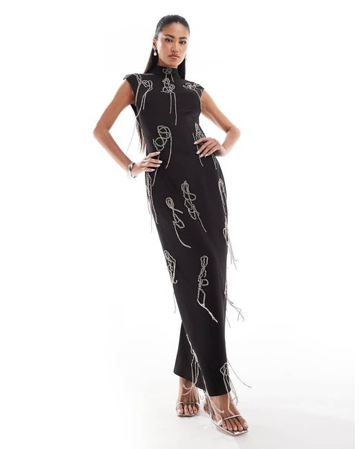 ASOS Blue High Neck Structured Maxi Dress With Scattered Chain Embellishment