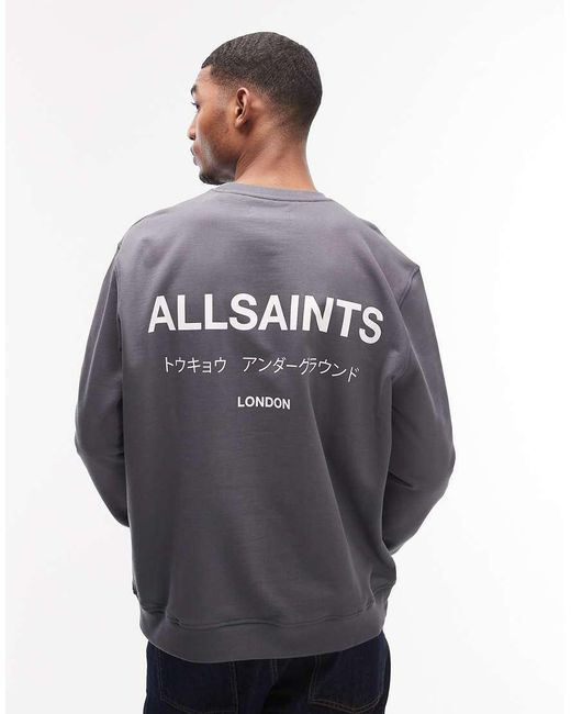 AllSaints Blue Underground Crewneck Logo Sweatshirt With Back Print for men