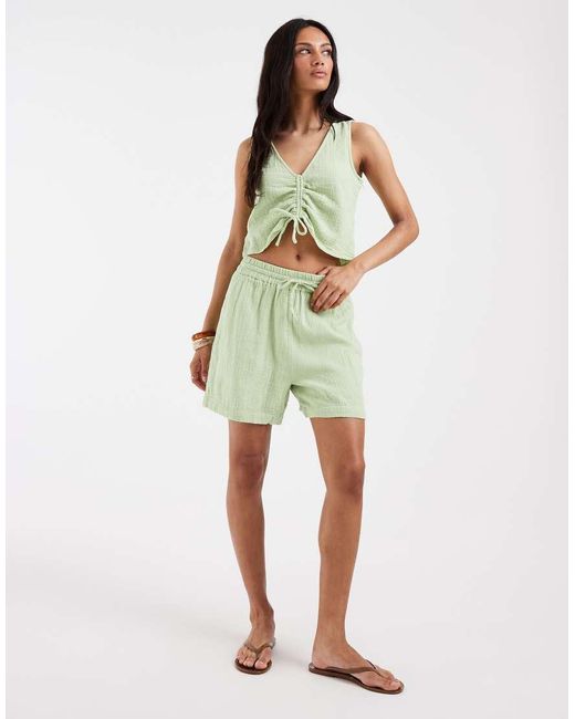 Pieces White Crinkle Cotton Sleeveless Tie Front Top