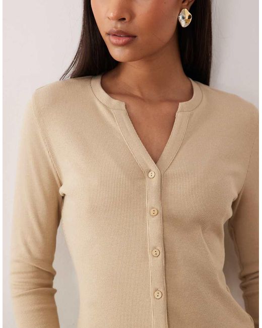 Threadbare Natural Long Sleeve Button Through Ribbed Top