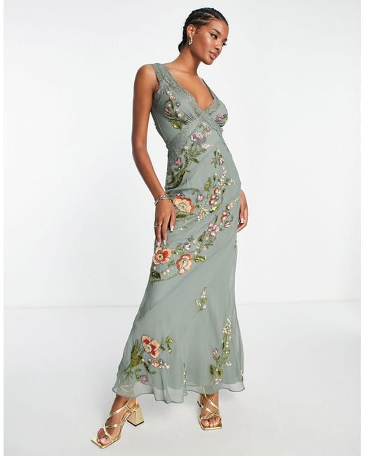 ASOS Green Lace Trimmed Maxi Dress With Floral Embellishment