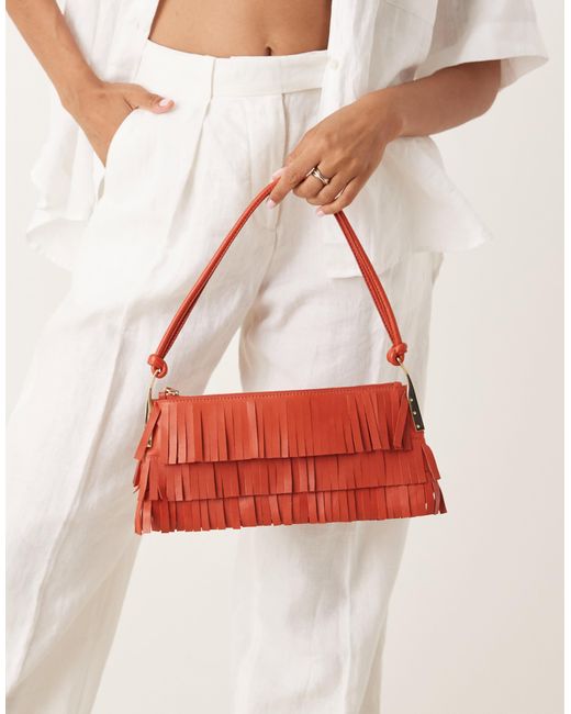 Mango Red Leather Fringed Hand Bag With Gold Accents