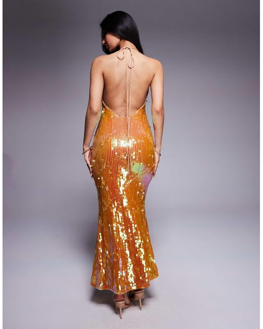 ASOS Gray Iridescent Sequin High Neck Maxi Dress With Open Back