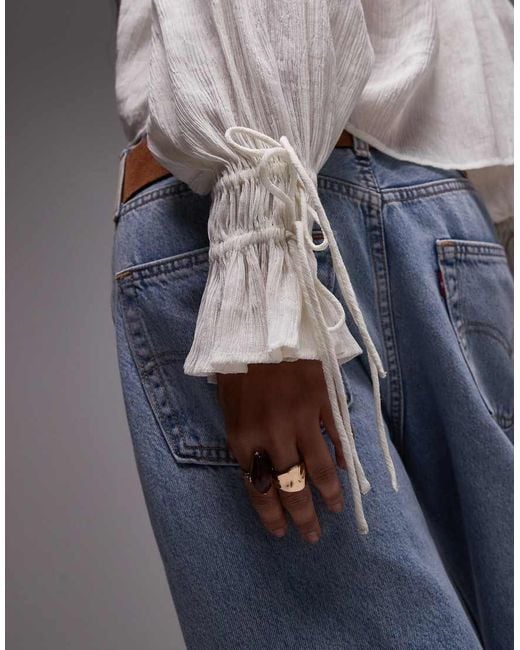 TOPSHOP Gray Ruffle Neck Femme Top