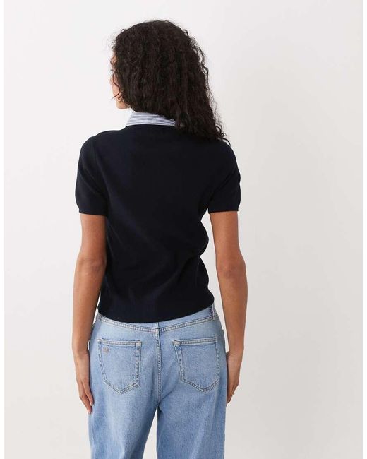 Mango Blue Short Sleeve Knit Top With Shirt Collar Detailing