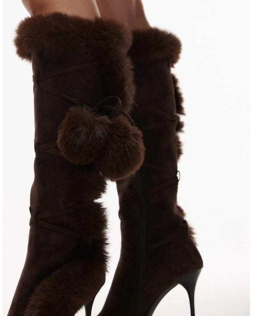 Jeffrey Campbell Natural Pointed Toe Stiletto Knee-high Boot With Faux-fur