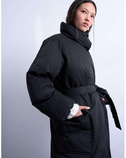TOPSHOP Black Funnel Neck Longline Belted Puffer Jacket