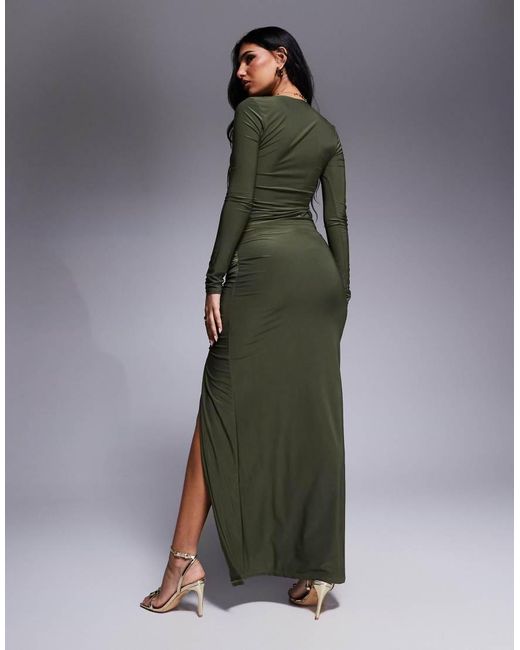 ASOS Gerimpelde Maxi Rok Van Gladde Stof Met Split Aan De Voorkant in het Gray