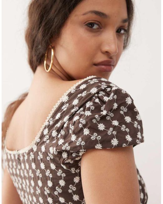 Motel Brown Bella Broderie Scoop Neck Mini Dress