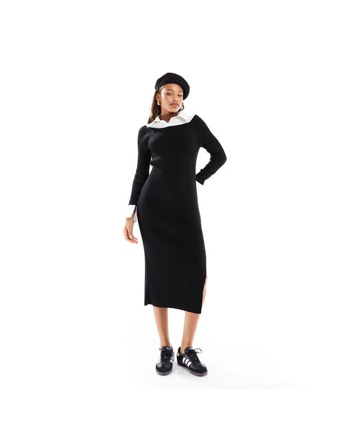 ASOS Black Knitted Midi Dress With Shirt Collar