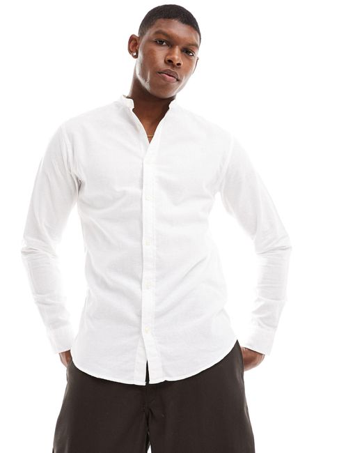 Jack & Jones White Linen Shirt With Grandad Neck for men